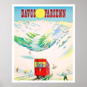 Poster Chemin de fer Davos Parsenn, train rouge, voyage v