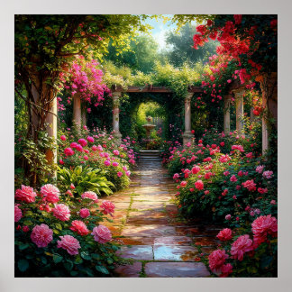 Poster Chemin De Jardin Luxuriant Avec Pangs Roses