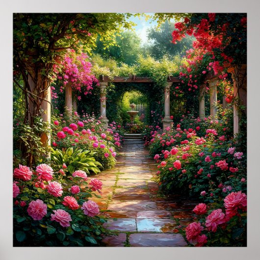 Poster Chemin De Jardin Luxuriant Avec Pangs Roses (Devant)