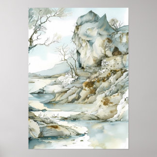 Poster Chemin de la falaise hivernale avec arbres nus