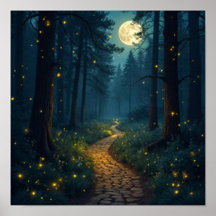 Poster Chemin de la forêt de Lune avec lucioles