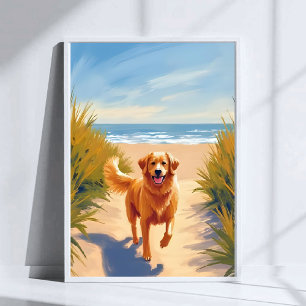 Poster Chemin de plage Golden Retriever Chien océan ani