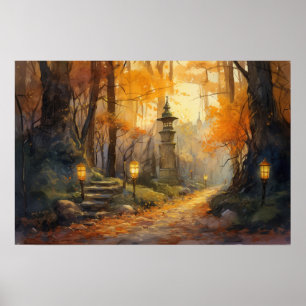 Poster Chemin de sinueux à l'aquarelle à travers les bois