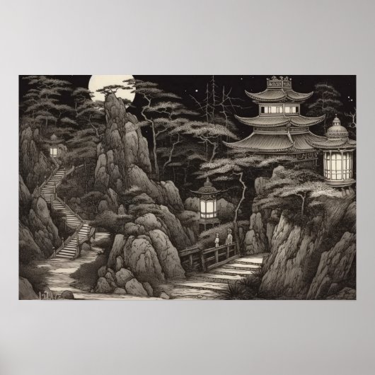Poster Chemin de vent Ancien temple chinois montagnes (Devant)
