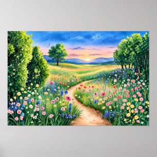 Poster Chemin du coucher de soleil à travers une prairie