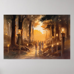 Poster Chemin du pèlerin aquarelle à travers les bois