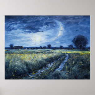 Poster Chemin éclairé par la lune à travers le paysage de