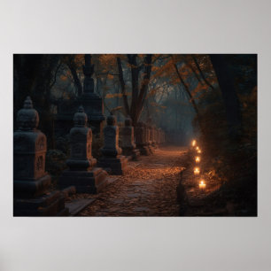 Poster Chemin pavé sinueux à travers les bois au crépuscu