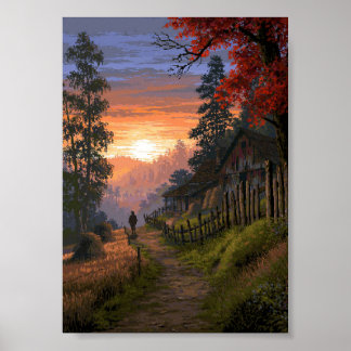 Poster Chemin rural rétro en pixel art