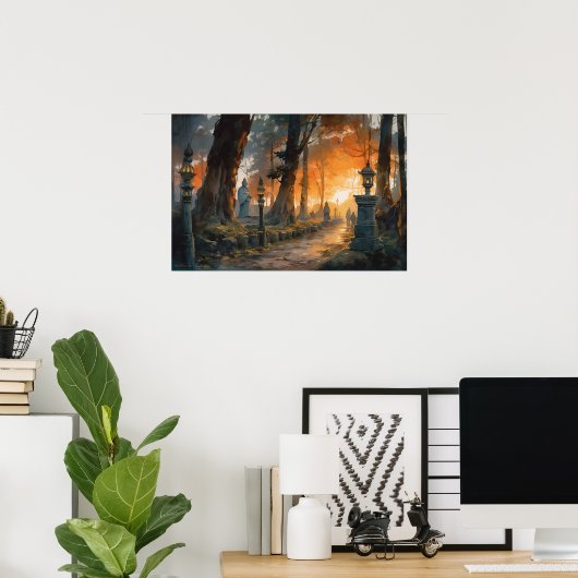 Poster Chemin sinant à travers les bois au crépuscule (Bureau à domicile)