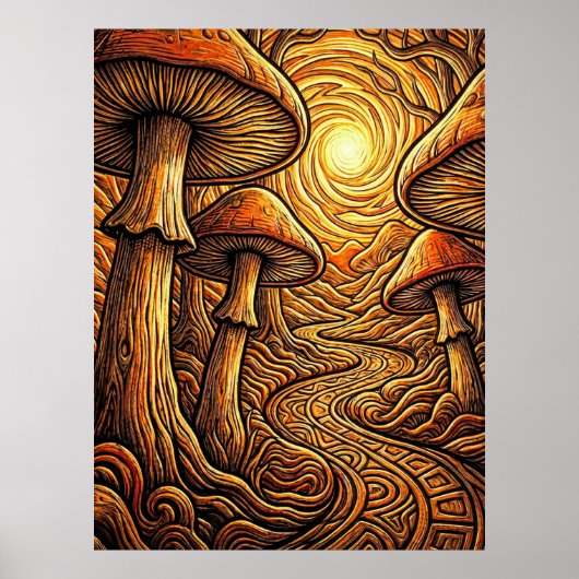 Poster Chemin sombre de la forêt aux champignons dorés lu (Devant)