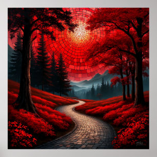 Poster Chemin surréaliste à travers une forêt rouge vibra