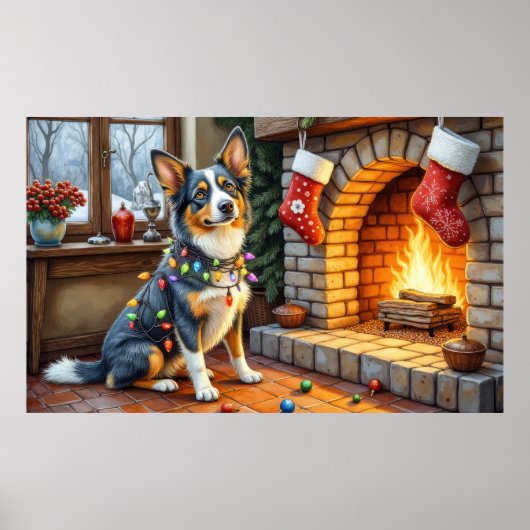 Poster Cheminée Blue Heeler avec lumières de Noël (Devant)