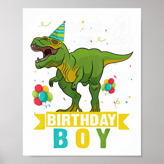 Poster Chemise 4 Ans 4e Anniversaire Garçon T Rex Dinosau (Devant)