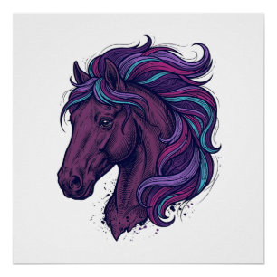 Poster Chemise d'art de tête de cheval colorée gravée vin