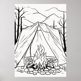 Poster Chemise de camping avec tente et feu de camp en li