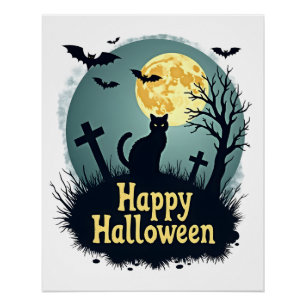 Poster Chemise Joyeux Halloween avec Chat dans Cimetière