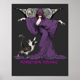 Poster Chemise T-shirt Art Nouveau de sorcière et chat ét