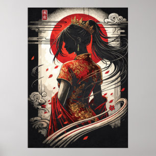 Poster Cheongsam Chinoise Rouge Princesse Anime Art