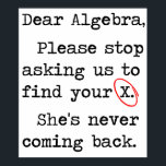 Poster Chère Algebra S'Il Vous Plaît Arrêtez De Nous Dema<br><div class="desc">Ils doivent recevoir une lettre de tee-shirt officiel fortement formulée. Cher Algebra,  arrêtez de nous demander de trouver votre ex. Elle ne reviendra pas. Nerd.</div>