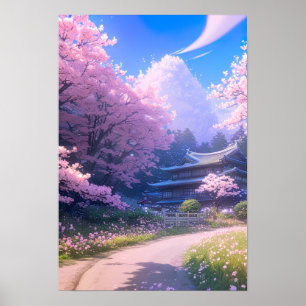 Poster Cherry Blossom Chemin vers l'auberge traditionnell