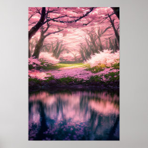 Poster Cherry Blossom Dreamscape au bord de la rivière
