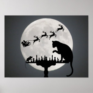 Poster Chess Père Noël Pleine lune Chat et jeu de souris