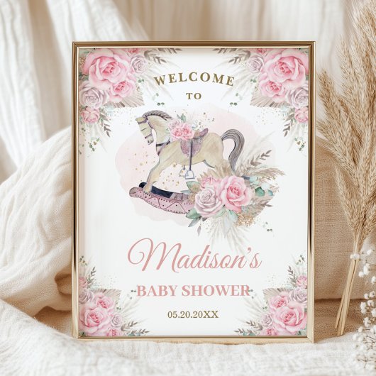 Poster Cheval à Bascule Bébé Fleurs Roses Herbe de la Pam