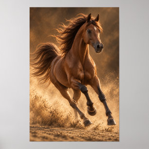 Poster Cheval Alezan Galopant dans la Poussière Dorée Équ
