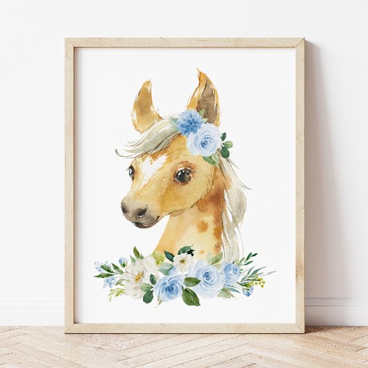 Poster Cheval, Animaux de ferme, Fleurs bleues, Garçon