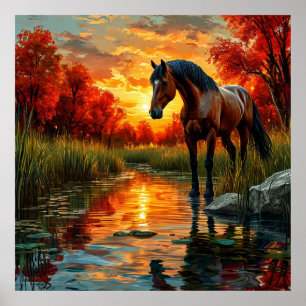 Poster Cheval au bord d'un ruisseau au coucher du soleil