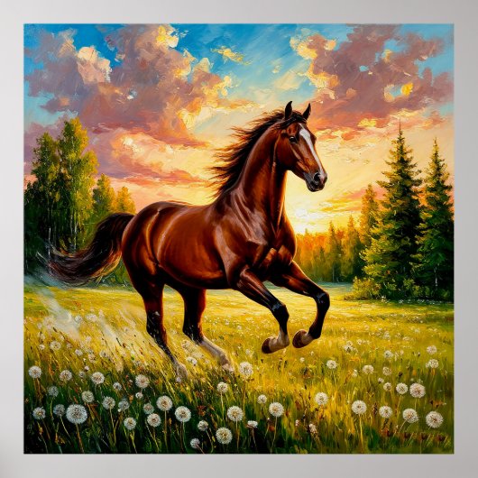 Poster Cheval au galop dans un champ fleuri (Devant)