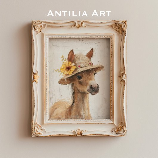 Poster Cheval avec Casquette Floral Rustique ferme animal