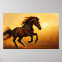 Cheval bai galope, ciel de coucher de soleil, crin
