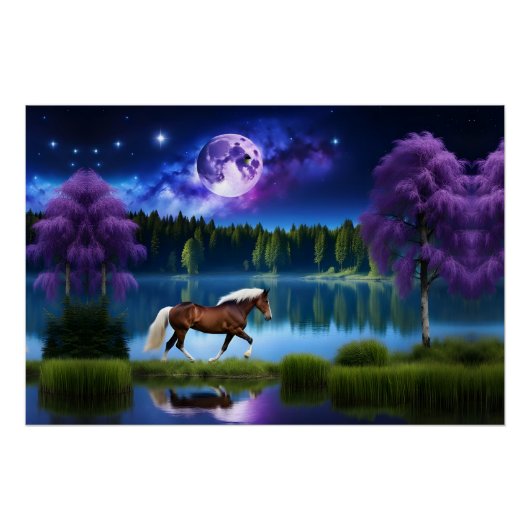 Poster Cheval belge Palomino sous ciel étoilé violet (Devant)