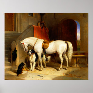 POSTER CHEVAL BLANC AVEC CHIENS ET FAUCONS À L'ÉCURIE