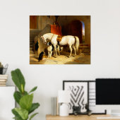 POSTER CHEVAL BLANC AVEC CHIENS ET FAUCONS À L'ÉCURIE (Bureau à domicile)