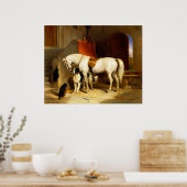 POSTER CHEVAL BLANC AVEC CHIENS ET FAUCONS À L'ÉCURIE (Cuisine)
