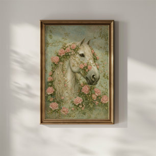 Poster Cheval blanc avec des roses