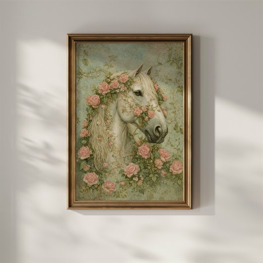 Poster Cheval blanc avec des roses