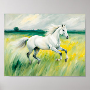 Poster Cheval Blanc Courant À Travers Le pré