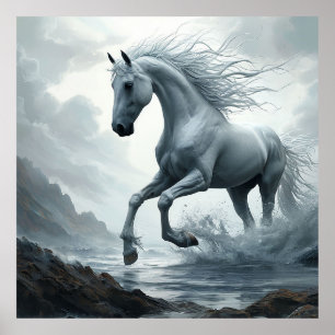 Poster Cheval blanc courant à travers l'eau