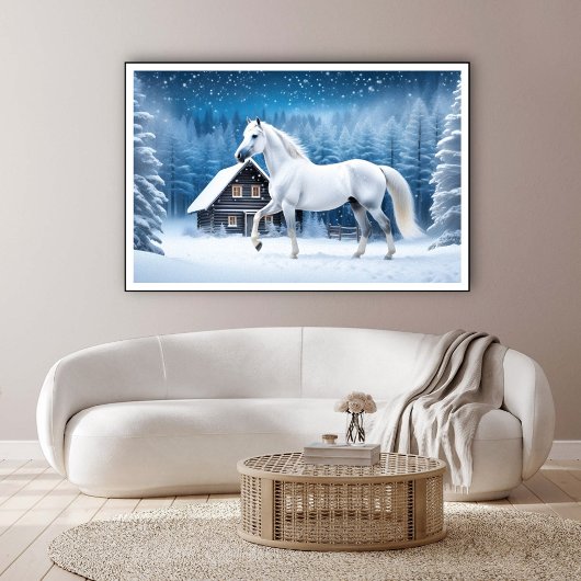Poster Cheval blanc dans la forêt d'hiver