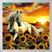 Poster Cheval blanc dans le champ des tournesols au couch (Devant)