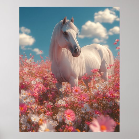 Poster Cheval blanc dans un champ de fleurs (Devant)