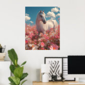 Poster Cheval blanc dans un champ de fleurs (Bureau à domicile)
