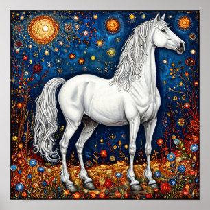 Poster Cheval Blanc de Conte de Fées Sous le Ciel Étoilé 