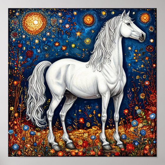 Poster Cheval Blanc de Conte de Fées Sous le Ciel Étoilé (Devant)