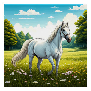 Poster Cheval blanc debout dans un champ d'herbe