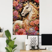 Poster Cheval blanc et broderie 3D Rose (Bureau à domicile)